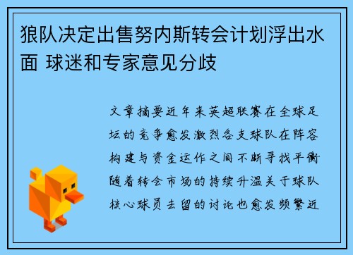 狼队决定出售努内斯转会计划浮出水面 球迷和专家意见分歧